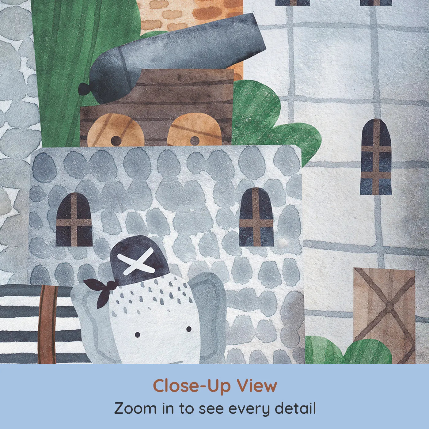 Close-up view of Whimsy Tots' Pirate Animal Voyage Wall Mural (Turn Their Room into a High-Seas Adventure).Best for Boys