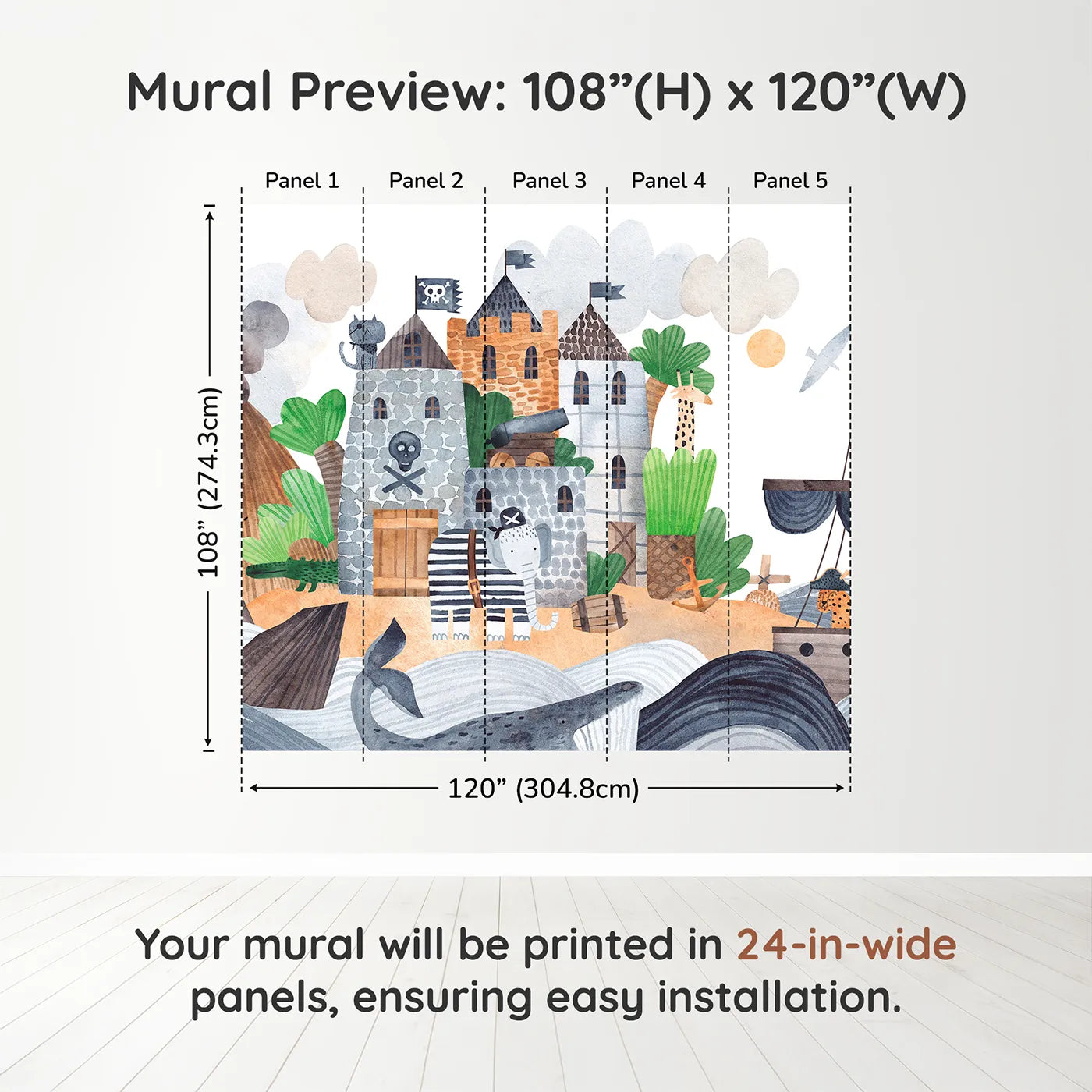 Whimsy Tots Pirate Animal Voyage Wall Muraldimension view (108" H x 120" W). Printed in five 24-inch-wide panels. Best for Boys