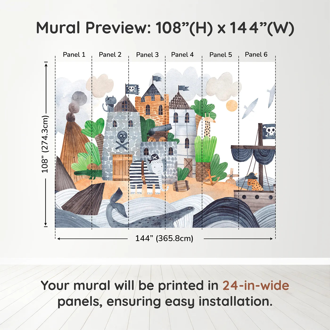 Whimsy Tots Pirate Animal Voyage Wall Muraldimension view (108" H x 144" W). Printed in six 24-inch-wide panels. Best for Boys