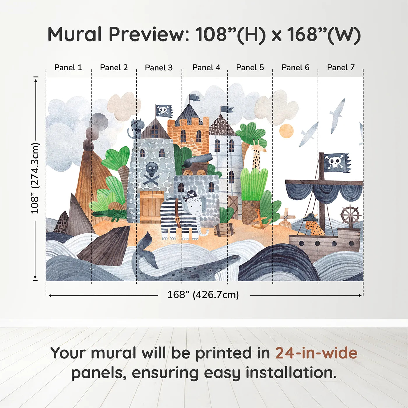 Whimsy Tots Pirate Animal Voyage Wall Muraldimension view (108" H x 168" W). Printed in seven 24-inch-wide panels. Best for Boys