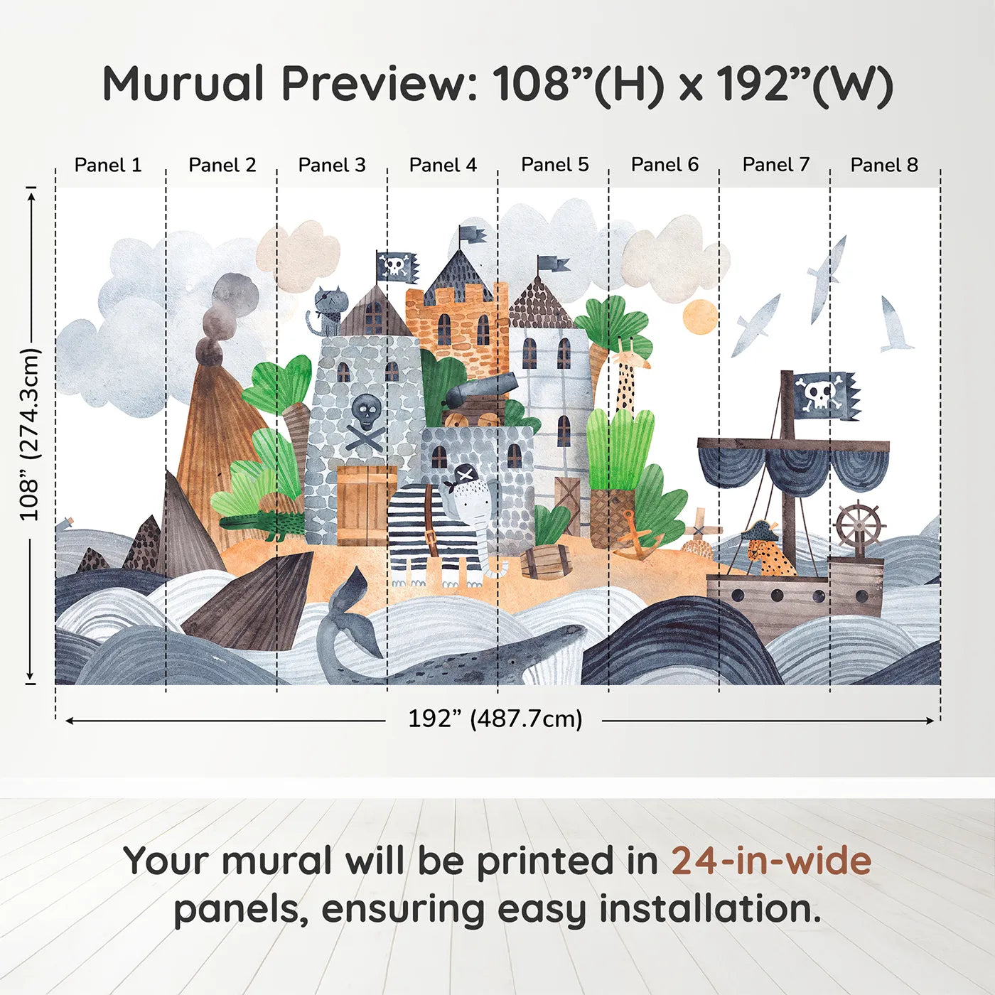 Whimsy Tots Pirate Animal Voyage Wall Muraldimension view (108" H x 192" W). Printed in eight 24-inch-wide panels. Best for Boys