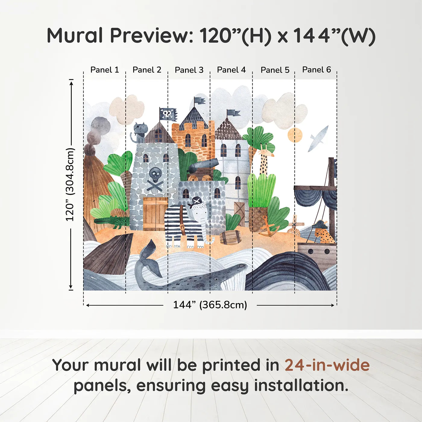 Whimsy Tots Pirate Animal Voyage Wall Muraldimension view (120" H x 144" W). Printed in six 24-inch-wide panels. Best for Boys
