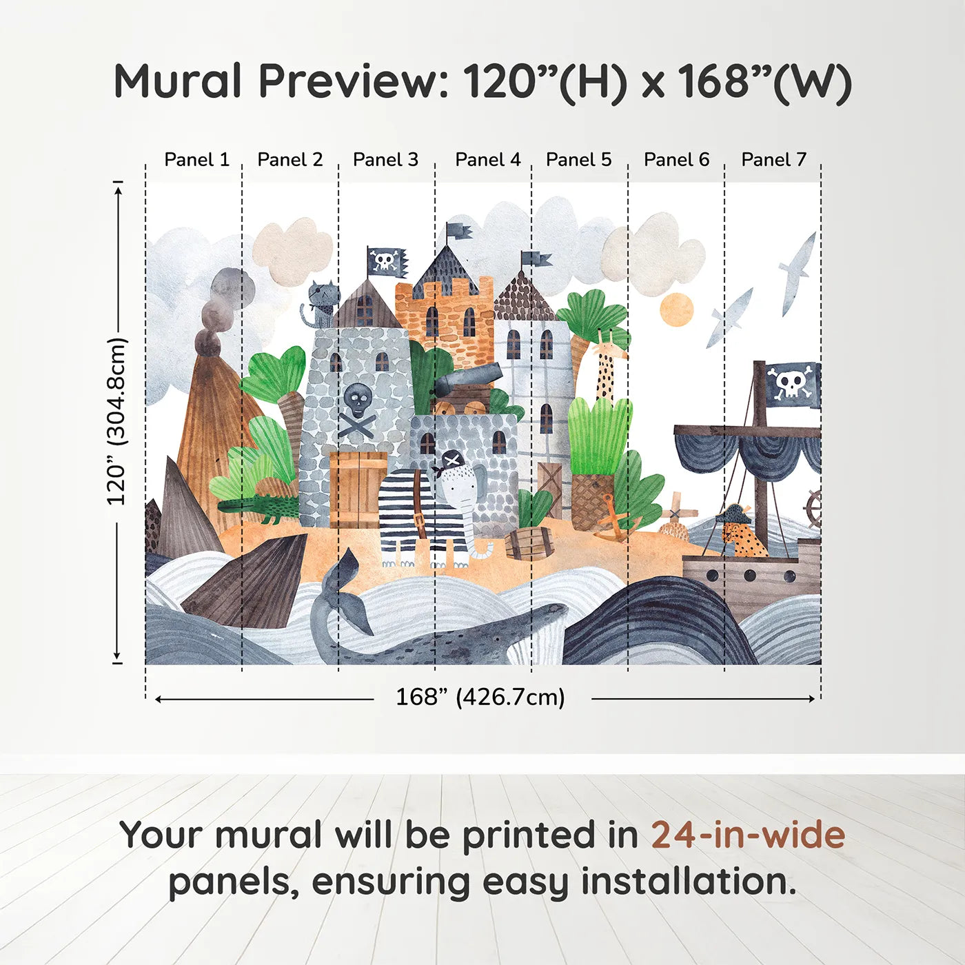 Whimsy Tots Pirate Animal Voyage Wall Muraldimension view (120" H x 168" W). Printed in seven 24-inch-wide panels. Best for Boys