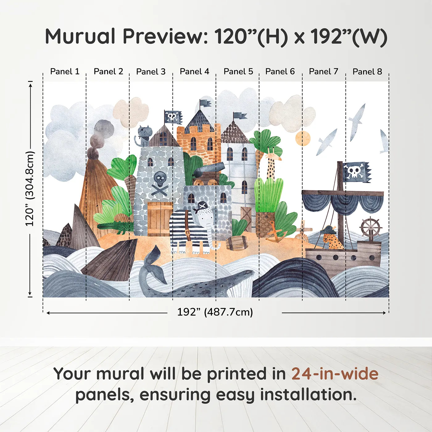 Whimsy Tots Pirate Animal Voyage Wall Muraldimension view (120" H x 192" W). Printed in eight 24-inch-wide panels. Best for Boys