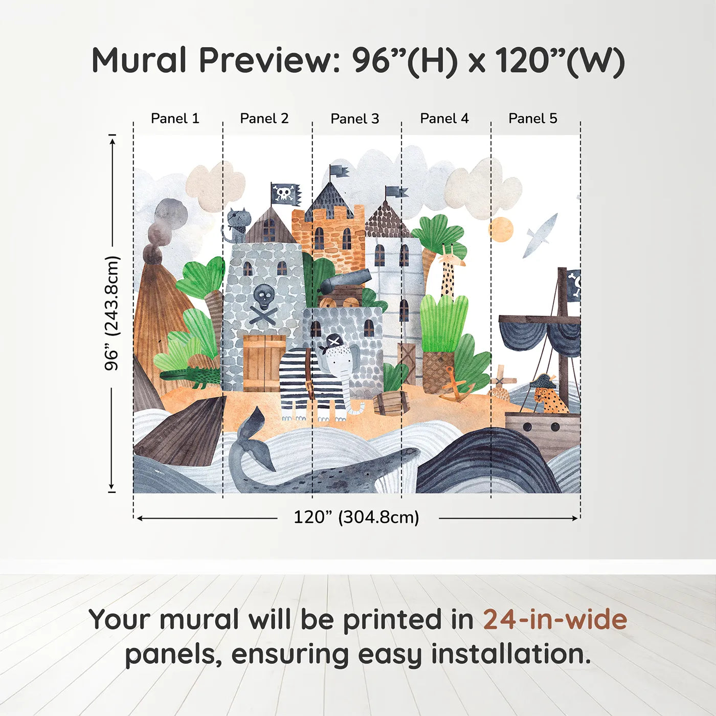 Whimsy Tots Pirate Animal Voyage Wall Muraldimension view (96" H x 120" W). Printed in five 24-inch-wide panels. Best for Boys