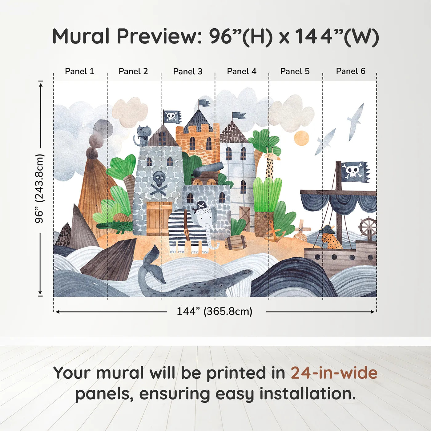 Whimsy Tots Pirate Animal Voyage Wall Muraldimension view (96" H x 144" W). Printed in six 24-inch-wide panels. Best for Boys
