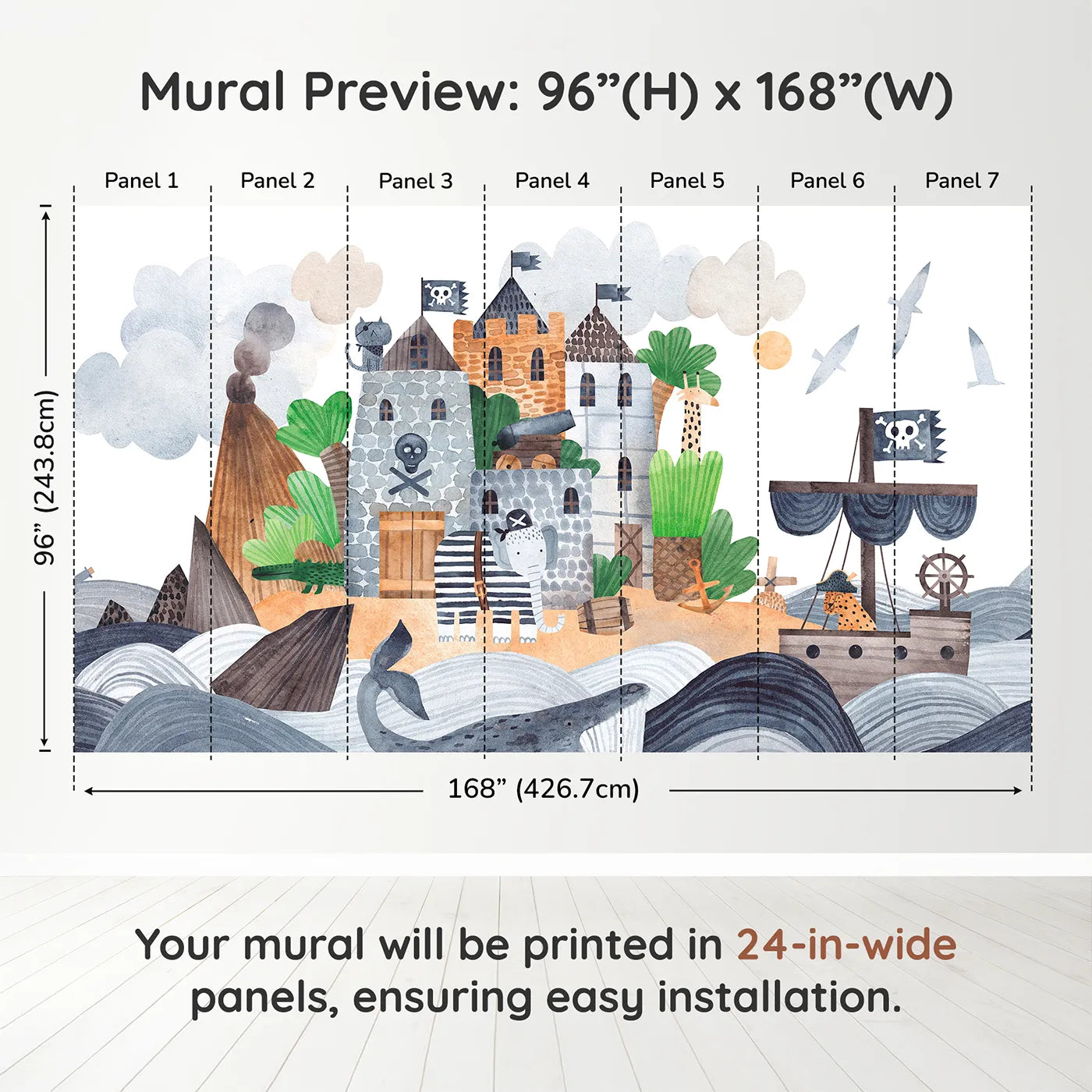 Whimsy Tots Pirate Animal Voyage Wall Muraldimension view (96" H x 168" W). Printed in seven 24-inch-wide panels. Best for Boys