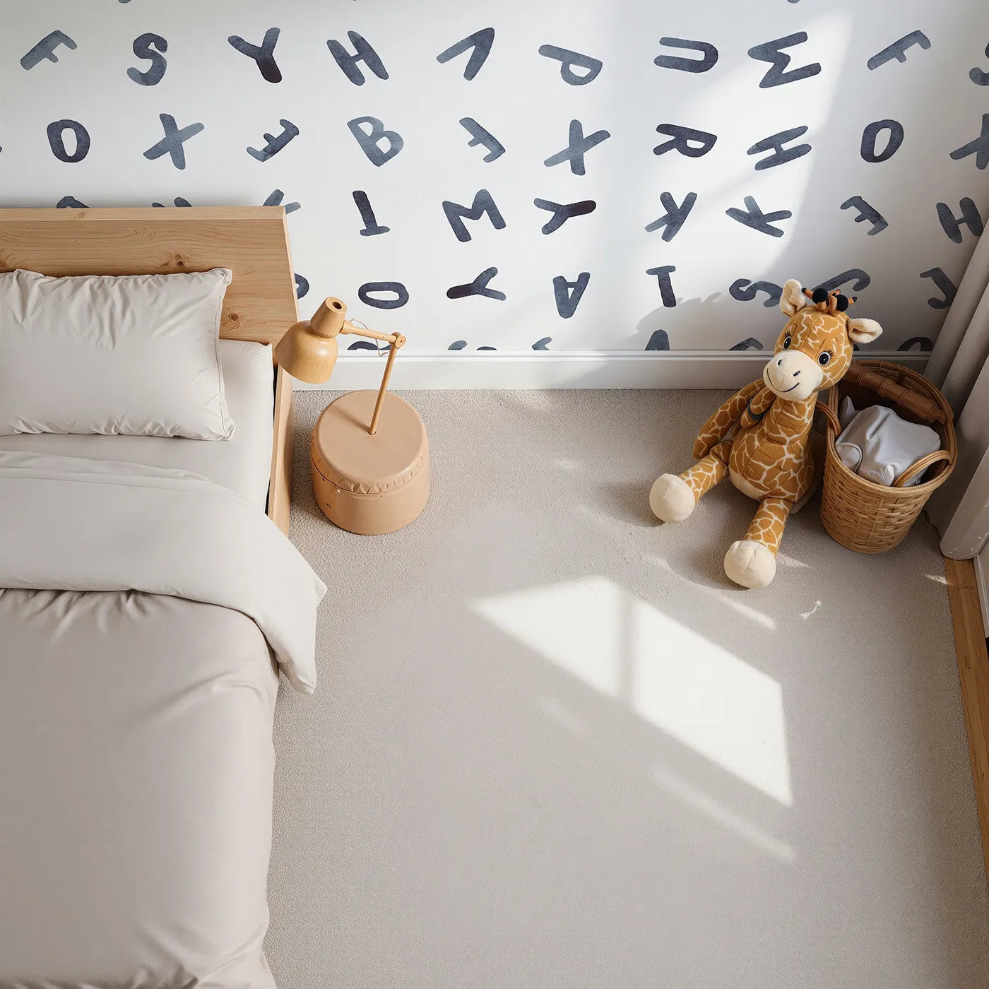 Top-down view of Whimsy Tots' Watercolor Letters Wall Mural (Turn Their Room into an Artistic Alphabet).Gender-Neutral