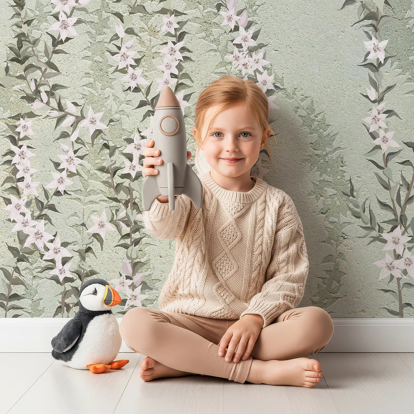Child in front of Whimsy Tots Heather Field Wall Mural with heather, flower, wildflower, field, meadow, green, pink, botanical in design.