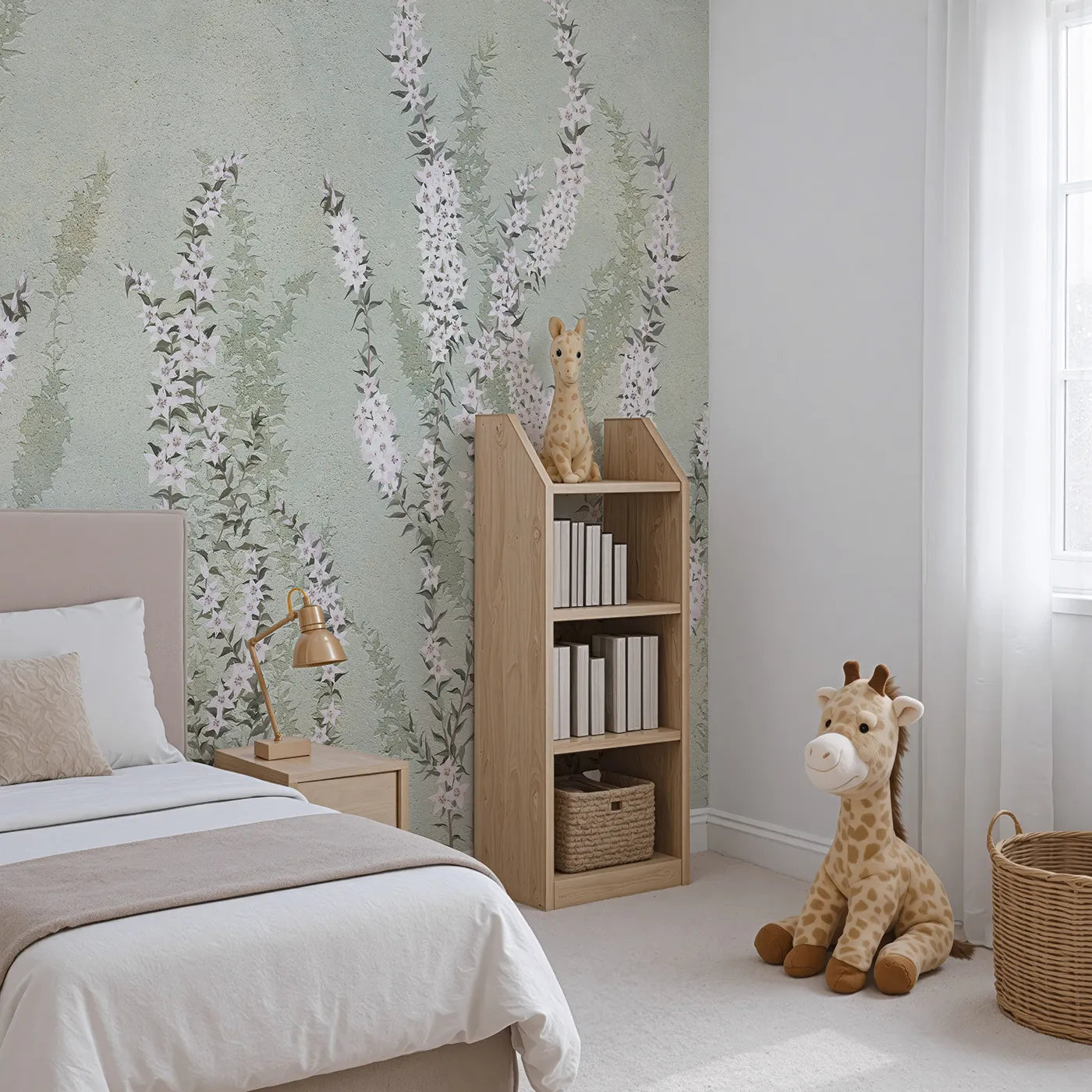 Angled view of Whimsy Tots' Heather Field Wall Mural (Turn Their Room into a Field of Gentle Wildflowers).Gender-Neutral
