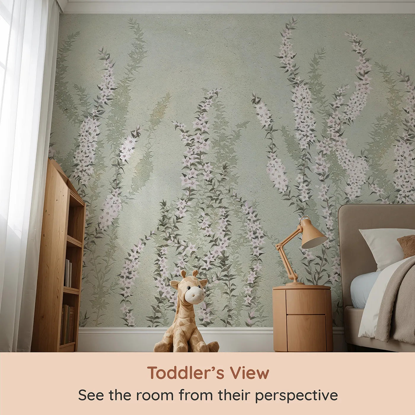 Whimsy Tots Heather Field Wall Mural (Turn Their Room into a Field of Gentle Wildflowers) from your child's view.Gender-Neutral