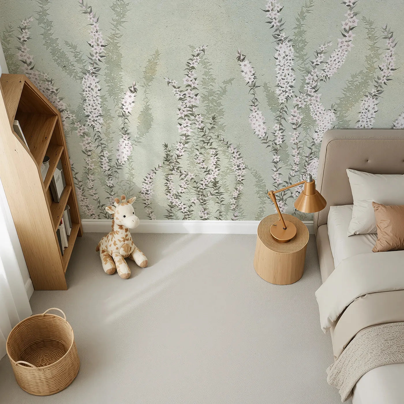 Top-down view of Whimsy Tots' Heather Field Wall Mural (Turn Their Room into a Field of Gentle Wildflowers).Gender-Neutral