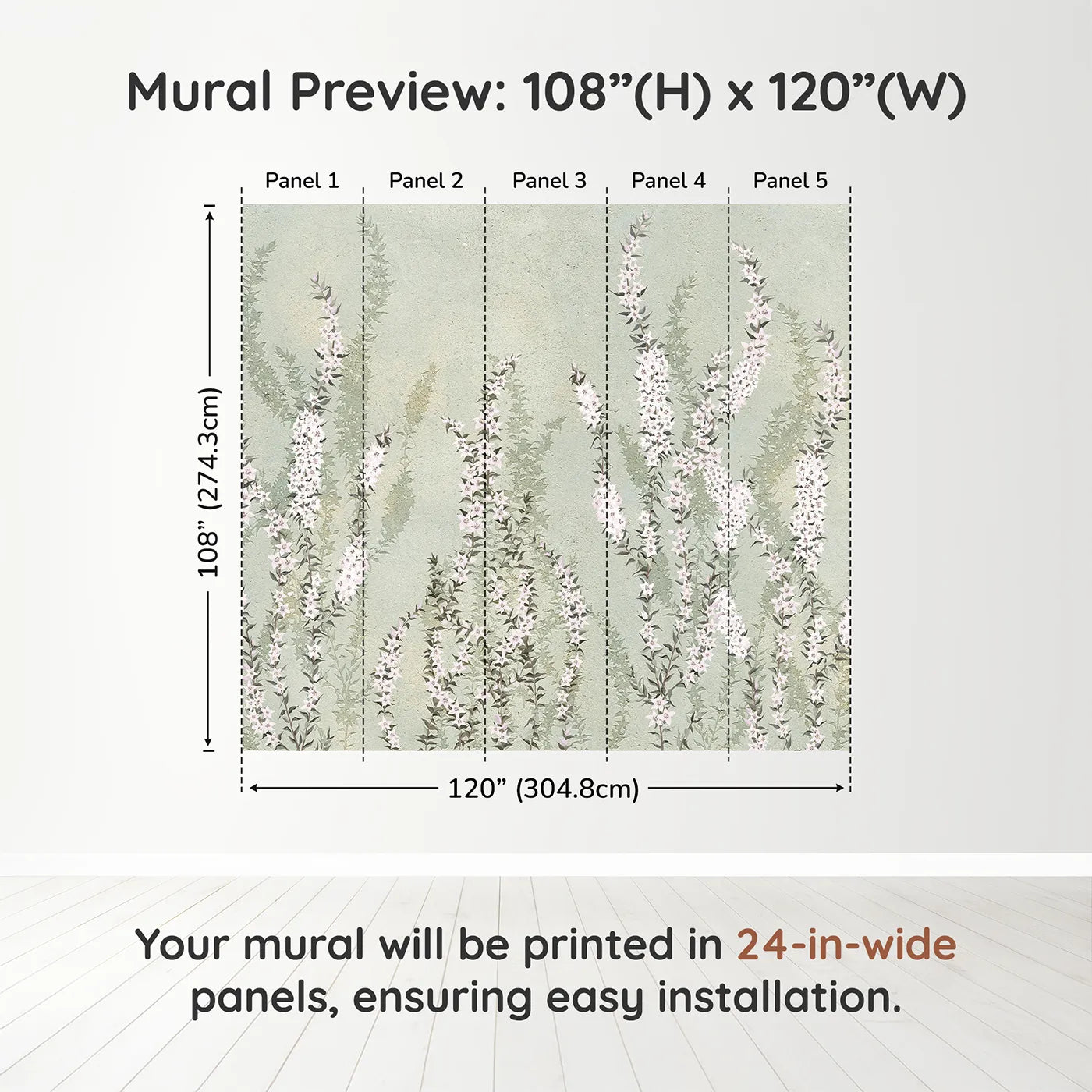 Whimsy Tots Heather Field Wall Muraldimension view (108" H x 120" W). Printed in five 24-inch-wide panels. Gender-Neutral