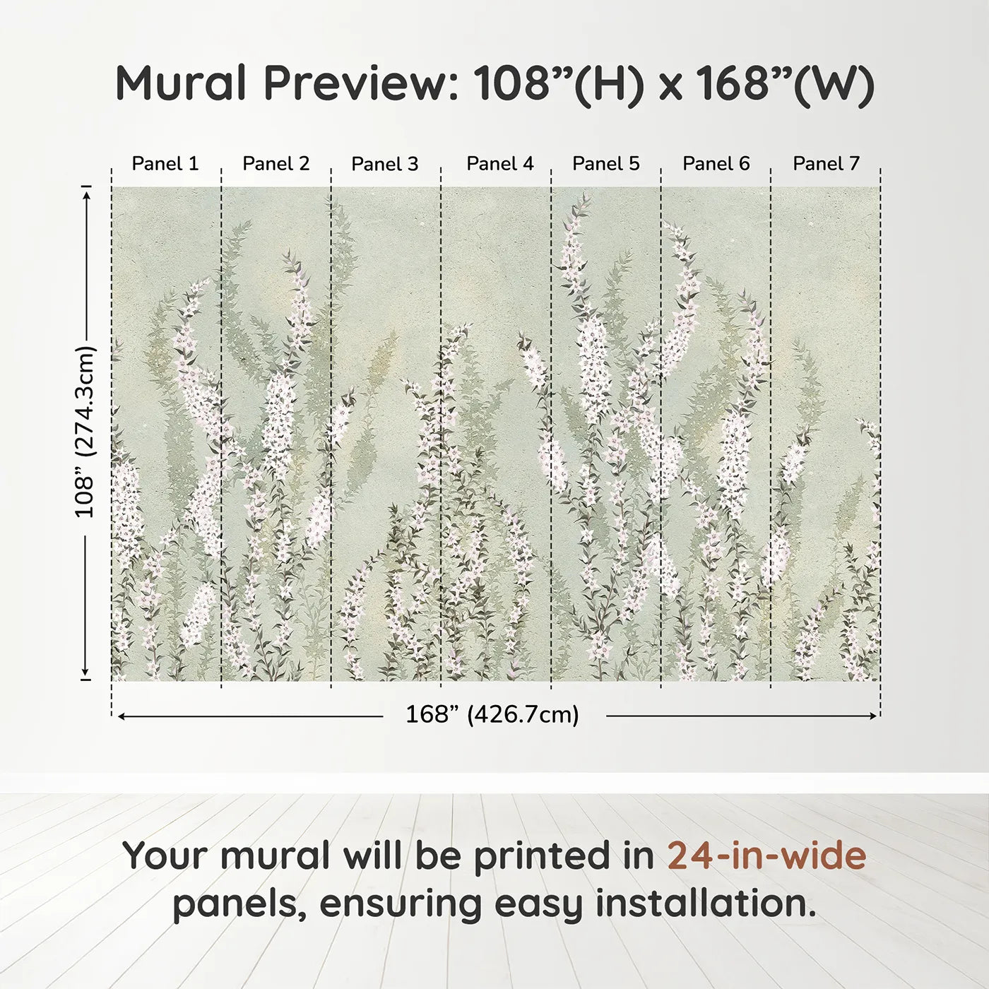 Whimsy Tots Heather Field Wall Muraldimension view (108" H x 168" W). Printed in seven 24-inch-wide panels. Gender-Neutral