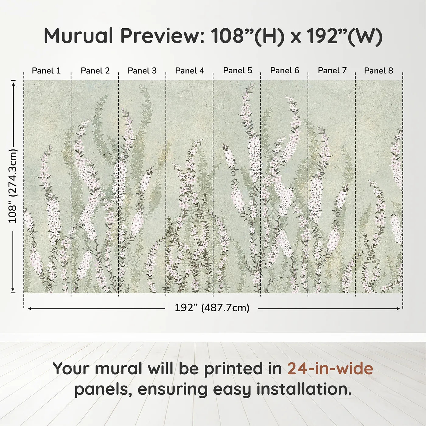 Whimsy Tots Heather Field Wall Muraldimension view (108" H x 192" W). Printed in eight 24-inch-wide panels. Gender-Neutral