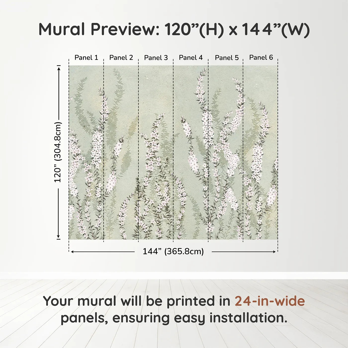 Whimsy Tots Heather Field Wall Muraldimension view (120" H x 144" W). Printed in six 24-inch-wide panels. Gender-Neutral