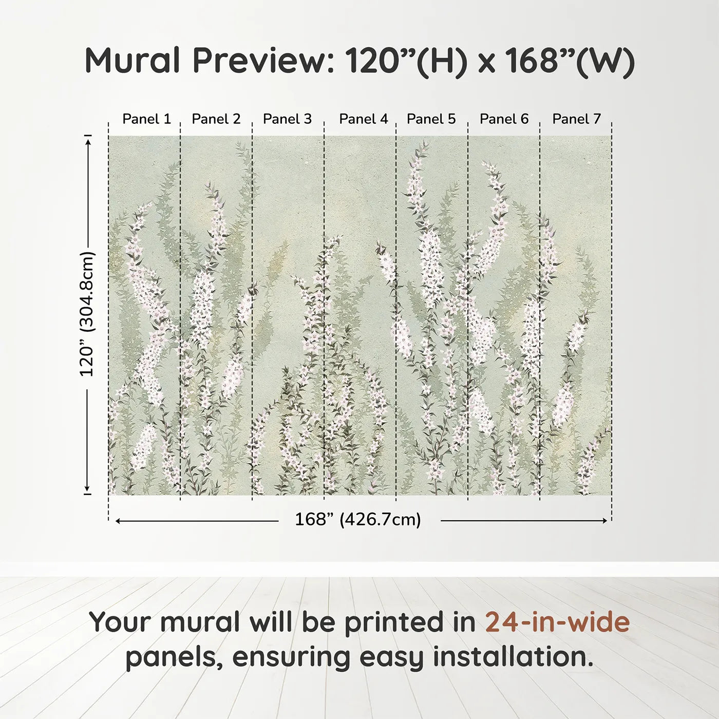 Whimsy Tots Heather Field Wall Muraldimension view (120" H x 168" W). Printed in seven 24-inch-wide panels. Gender-Neutral