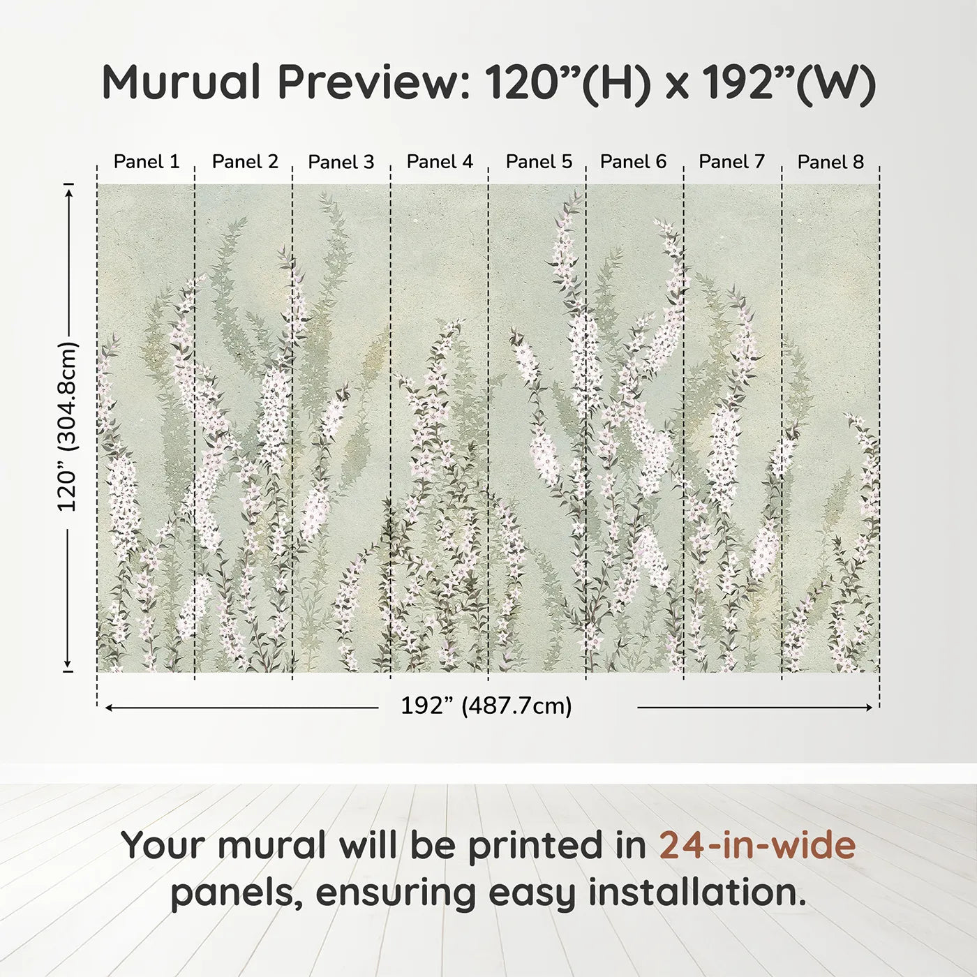 Whimsy Tots Heather Field Wall Muraldimension view (120" H x 192" W). Printed in eight 24-inch-wide panels. Gender-Neutral