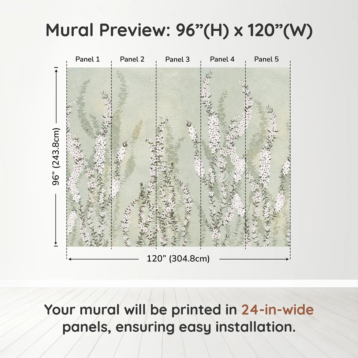 Whimsy Tots Heather Field Wall Muraldimension view (96" H x 120" W). Printed in five 24-inch-wide panels. Gender-Neutral