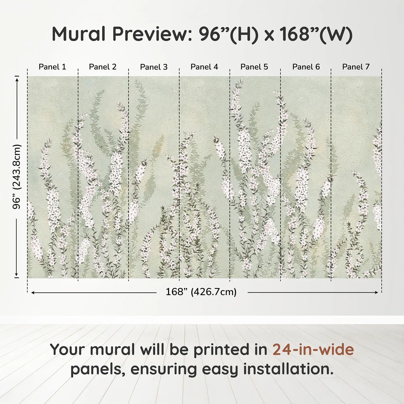 Whimsy Tots Heather Field Wall Muraldimension view (96" H x 168" W). Printed in seven 24-inch-wide panels. Gender-Neutral