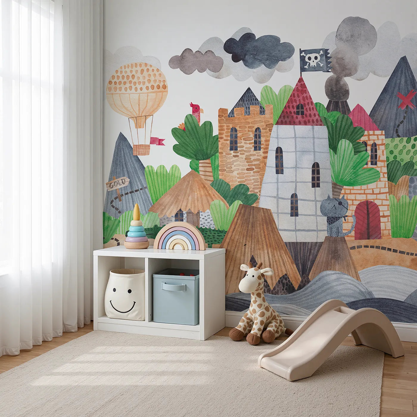 Angled view of Whimsy Tots' Treasure Island Adventure Wall Mural (Turn Their Room into a Swashbuckling Quest for Gold).Best for Boys