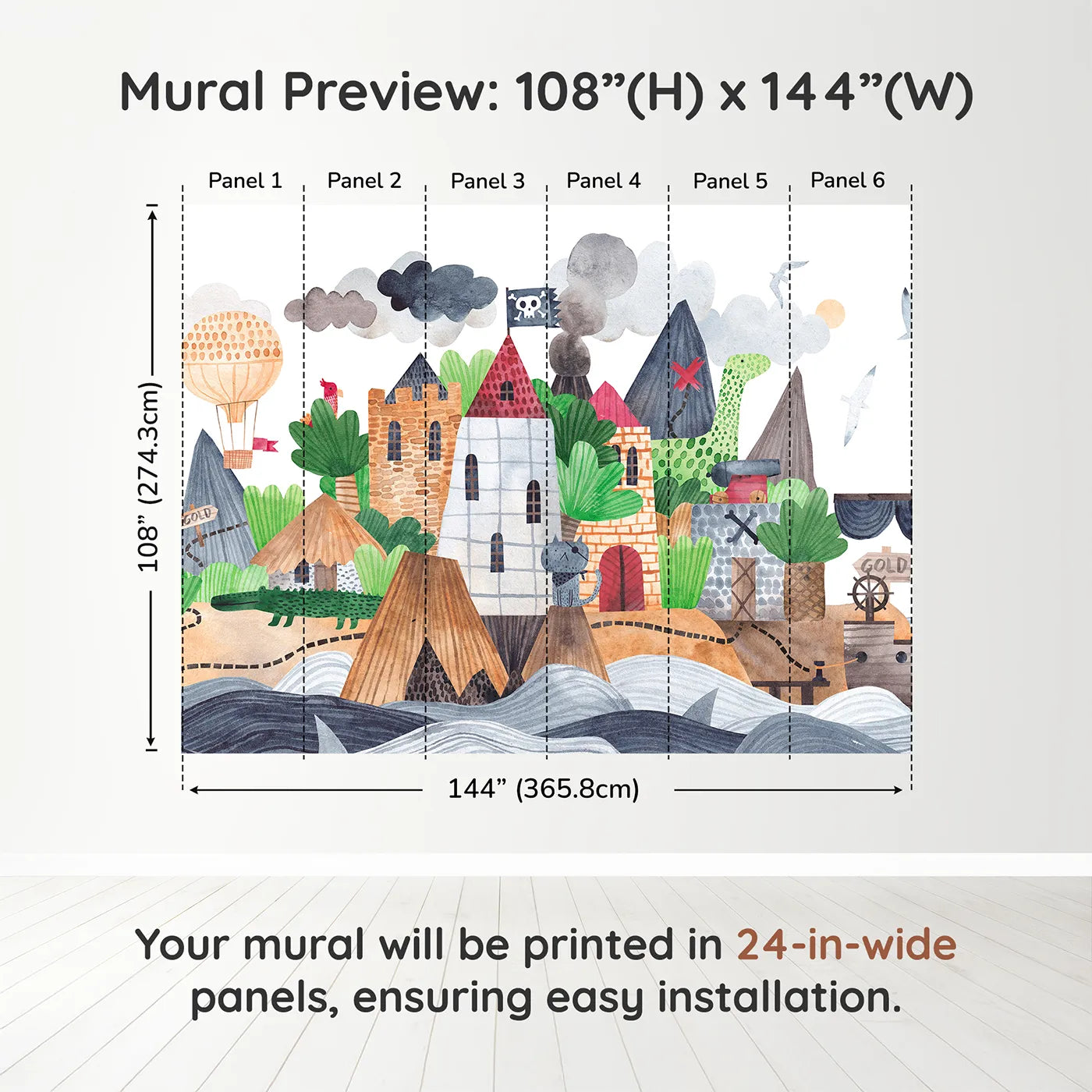 Whimsy Tots Treasure Island Adventure Wall Muraldimension view (108" H x 144" W). Printed in six 24-inch-wide panels. Best for Boys