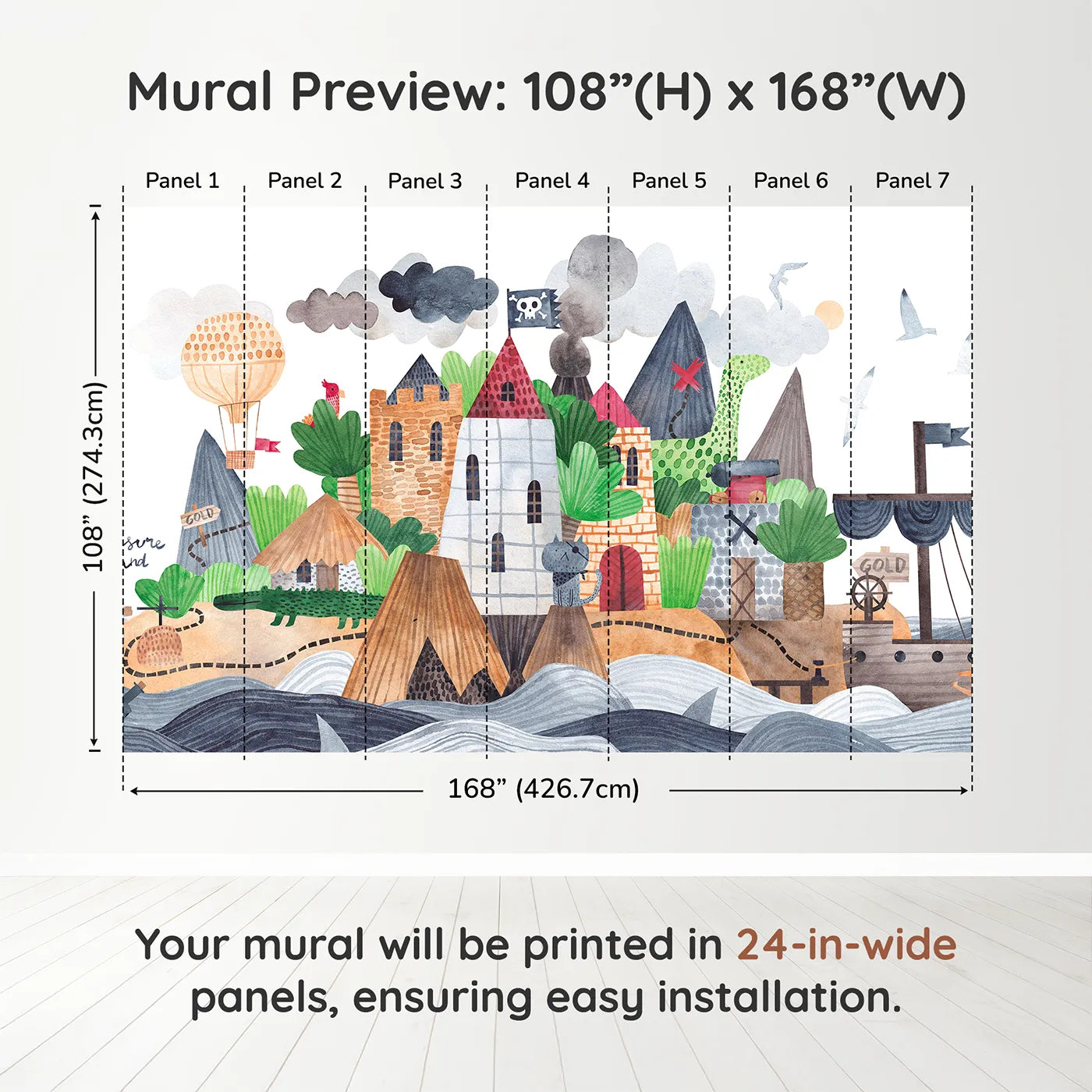 Whimsy Tots Treasure Island Adventure Wall Muraldimension view (108" H x 168" W). Printed in seven 24-inch-wide panels. Best for Boys