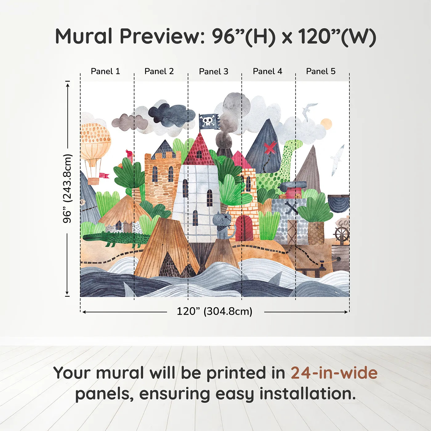 Whimsy Tots Treasure Island Adventure Wall Muraldimension view (96" H x 120" W). Printed in five 24-inch-wide panels. Best for Boys