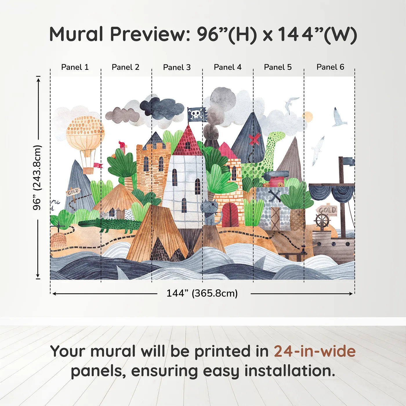 Whimsy Tots Treasure Island Adventure Wall Muraldimension view (96" H x 144" W). Printed in six 24-inch-wide panels. Best for Boys