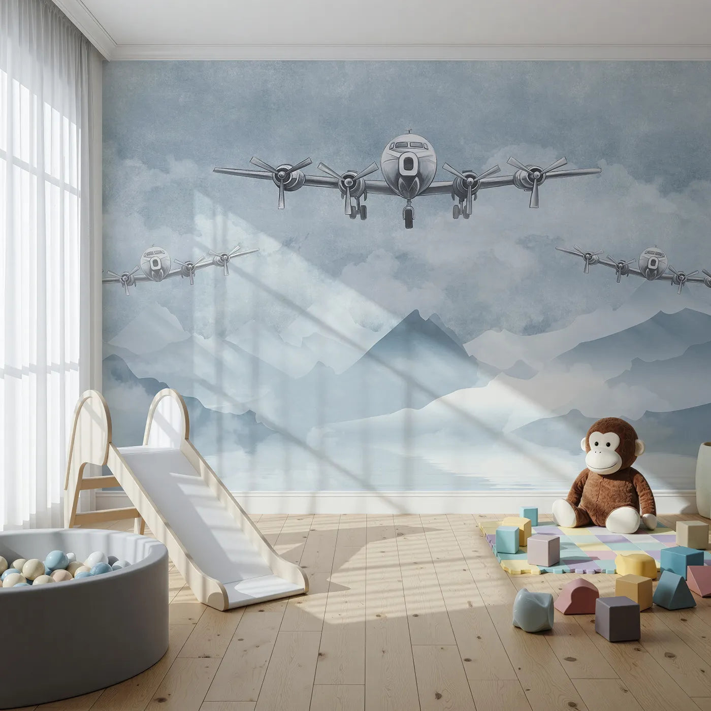 Front view of Whimsy Tots' Vintage Propeller Planes Wall Mural