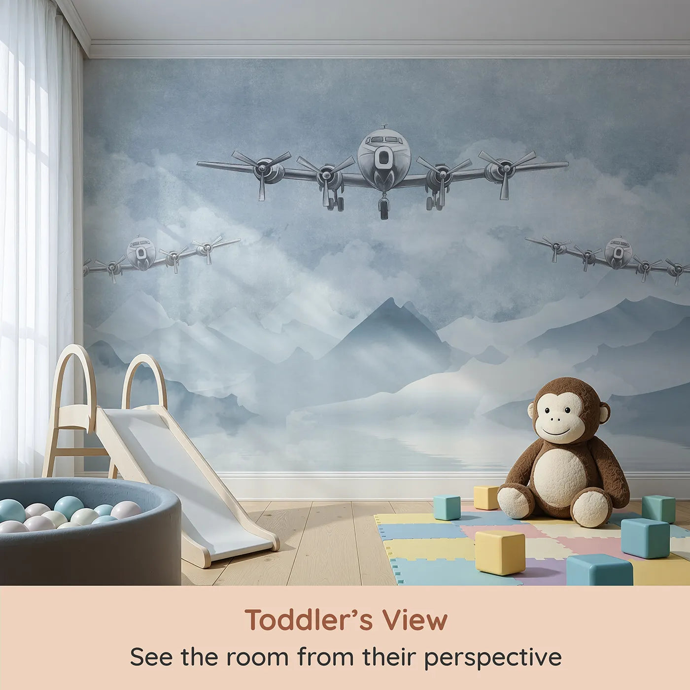 Whimsy Tots Vintage Propeller Planes Wall Mural (Turn Their Room into a Classic Air Show) from your child's view.Gender-Neutral