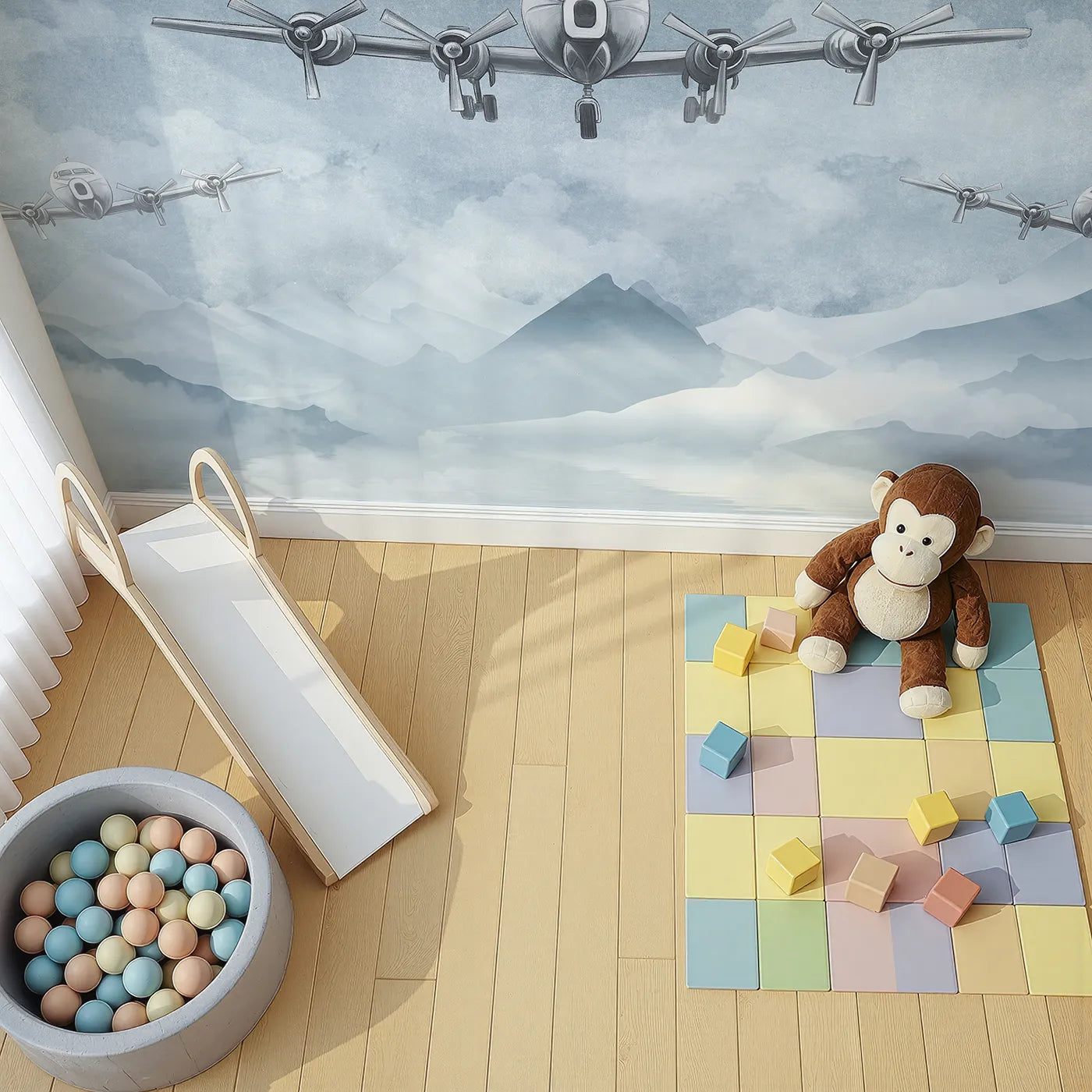 Top-down view of Whimsy Tots' Vintage Propeller Planes Wall Mural (Turn Their Room into a Classic Air Show).Gender-Neutral