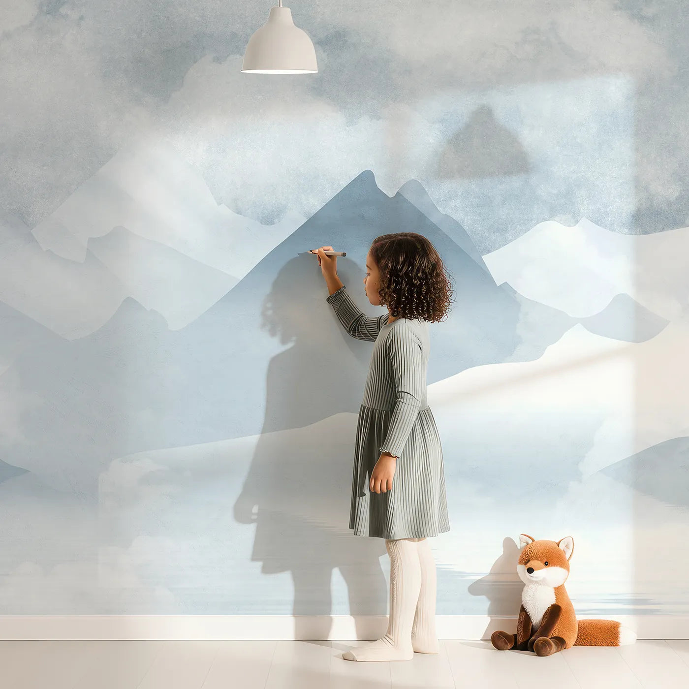 Child in front of Whimsy Tots Vintage Propeller Planes Wall Mural with airplane, vintage, plane, mountain, fly, retro, sketch, aviation in design.