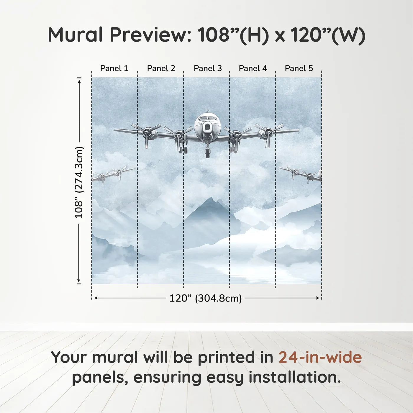 Whimsy Tots Vintage Propeller Planes Wall Muraldimension view (108" H x 120" W). Printed in five 24-inch-wide panels. Gender-Neutral