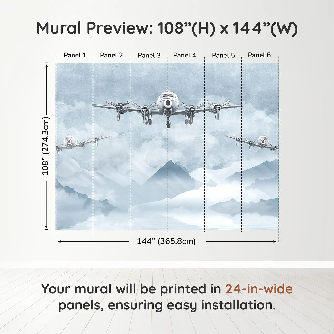 Whimsy Tots Vintage Propeller Planes Wall Muraldimension view (108" H x 144" W). Printed in six 24-inch-wide panels. Gender-Neutral
