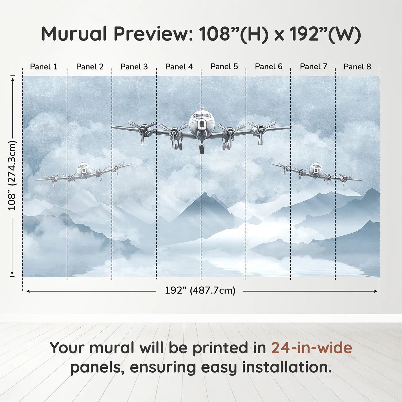 Whimsy Tots Vintage Propeller Planes Wall Muraldimension view (108" H x 192" W). Printed in eight 24-inch-wide panels. Gender-Neutral