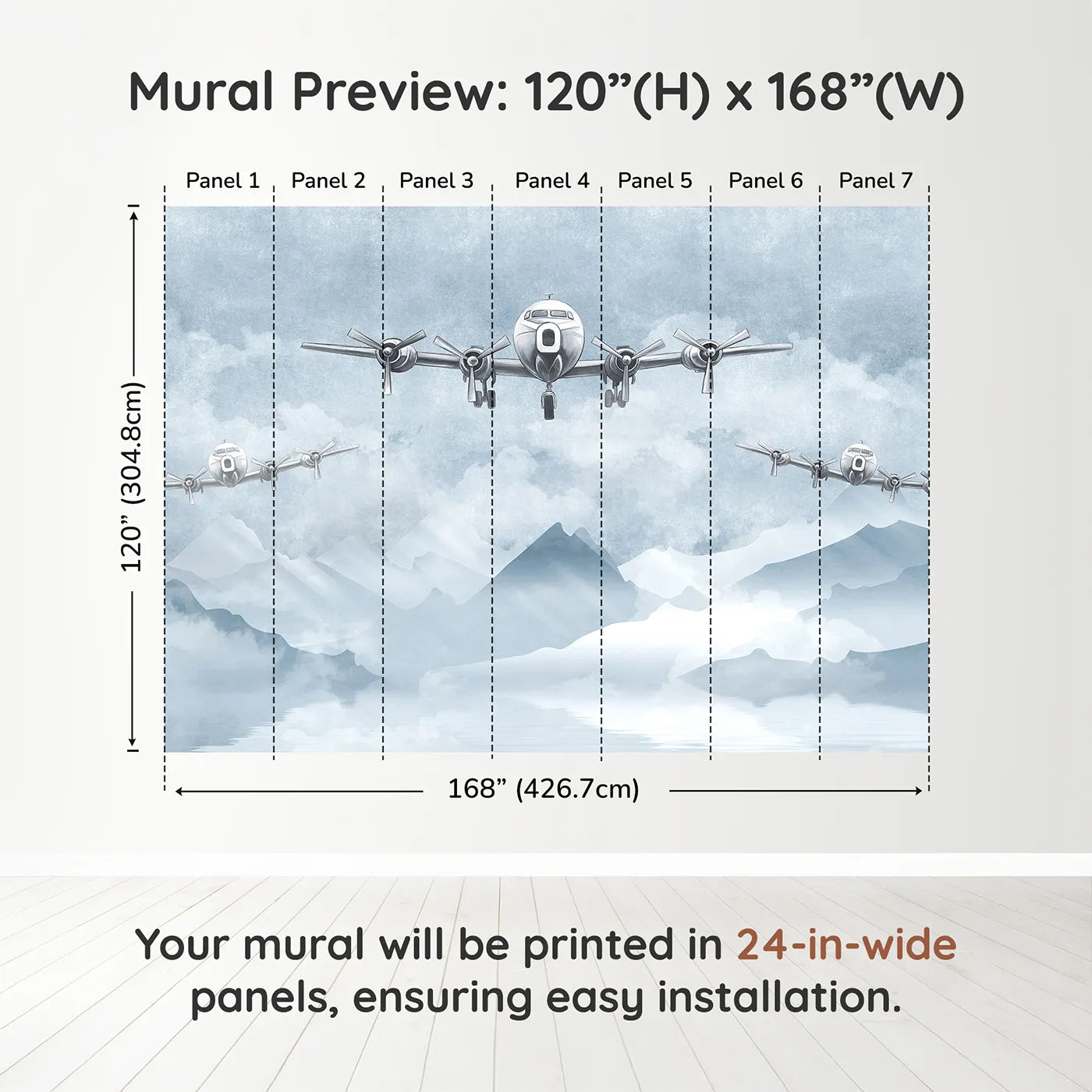 Whimsy Tots Vintage Propeller Planes Wall Muraldimension view (120" H x 168" W). Printed in seven 24-inch-wide panels. Gender-Neutral