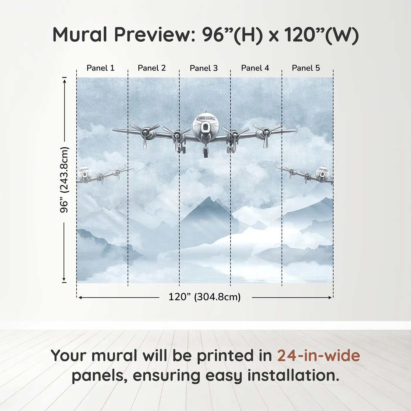 Whimsy Tots Vintage Propeller Planes Wall Muraldimension view (96" H x 120" W). Printed in five 24-inch-wide panels. Gender-Neutral