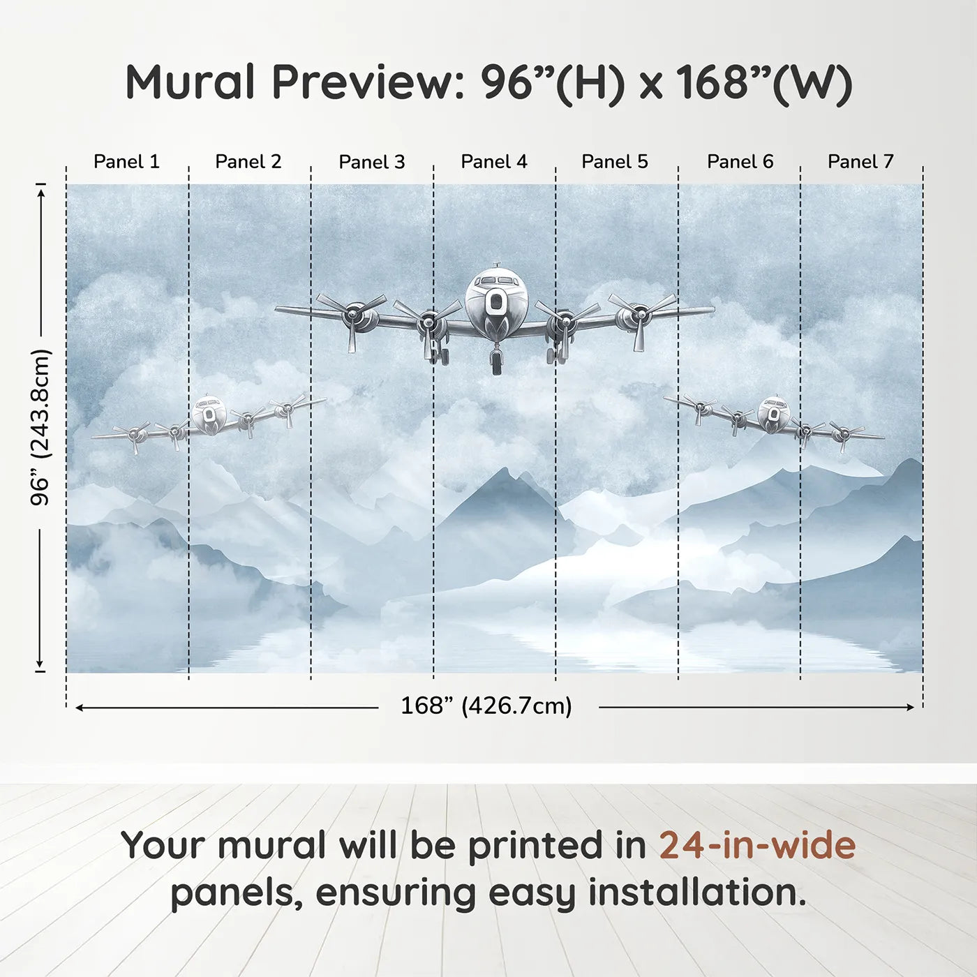 Whimsy Tots Vintage Propeller Planes Wall Muraldimension view (96" H x 168" W). Printed in seven 24-inch-wide panels. Gender-Neutral