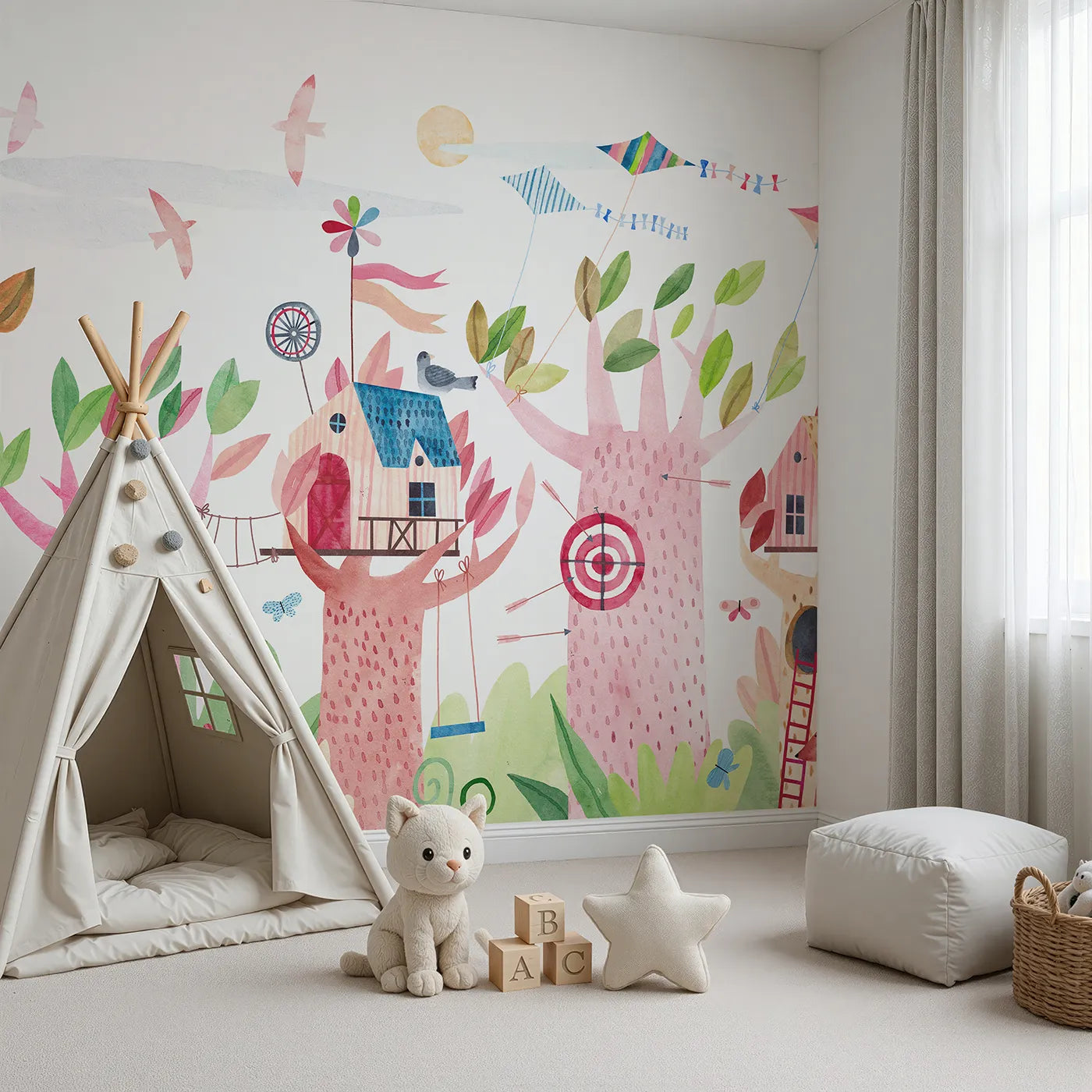 Angled view of Whimsy Tots' Watercolor Treehouse Village Wall Mural (Turn Their Room into the Ultimate Treetop Neighborhood).Gender-Neutral