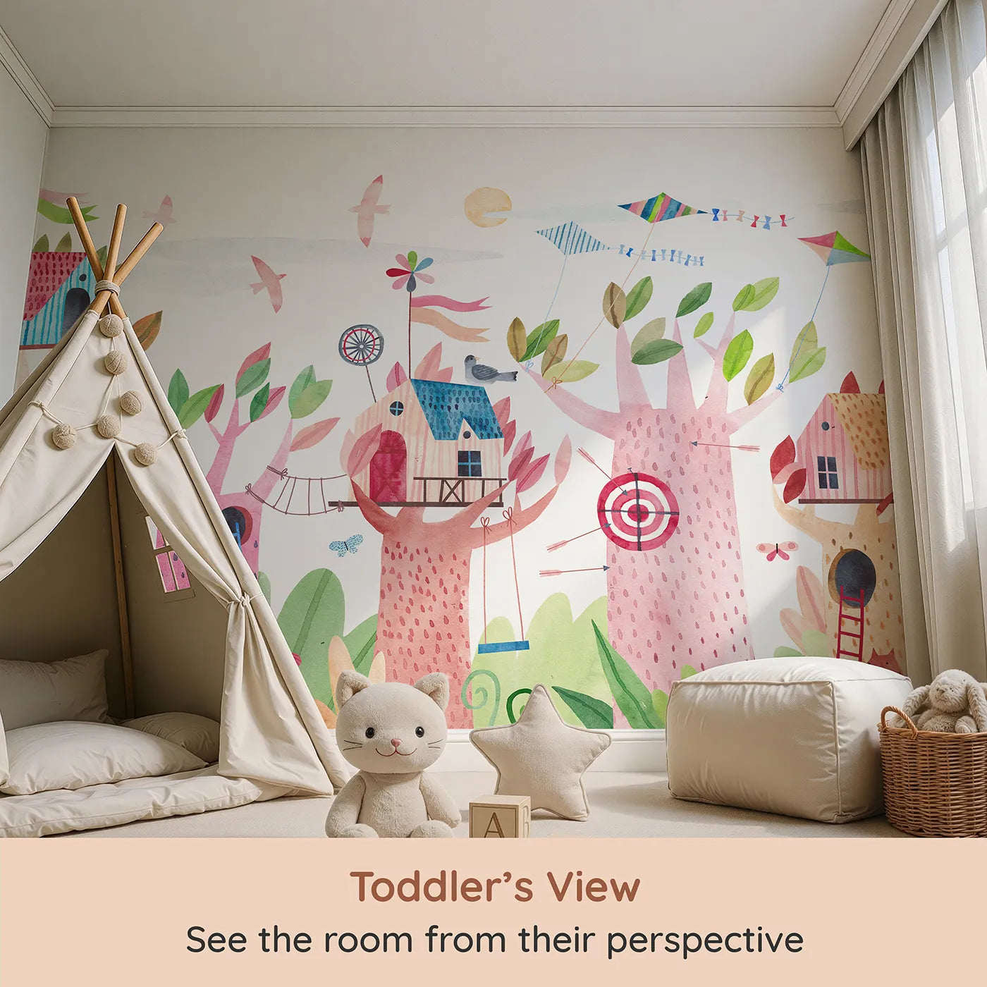 Whimsy Tots Watercolor Treehouse Village Wall Mural (Turn Their Room into the Ultimate Treetop Neighborhood) from your child's view.Gender-Neutral