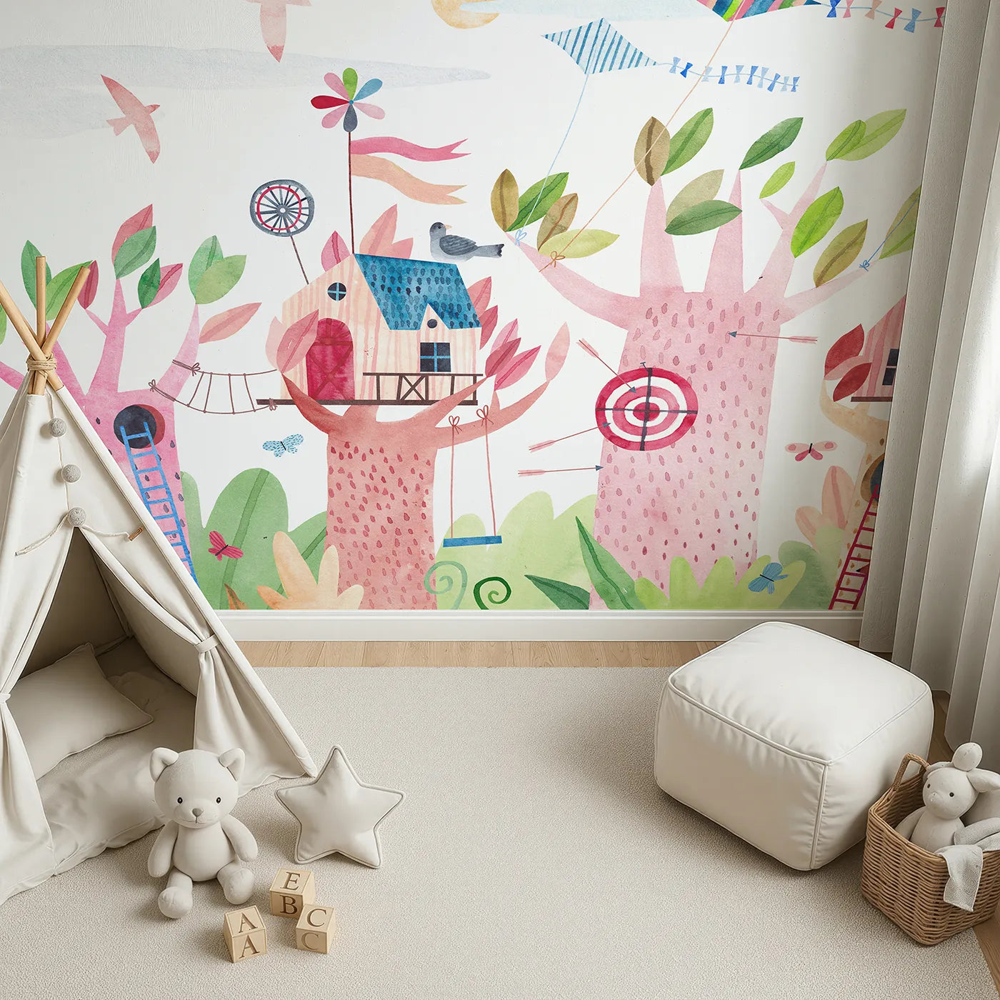 Top-down view of Whimsy Tots' Watercolor Treehouse Village Wall Mural (Turn Their Room into the Ultimate Treetop Neighborhood).Gender-Neutral