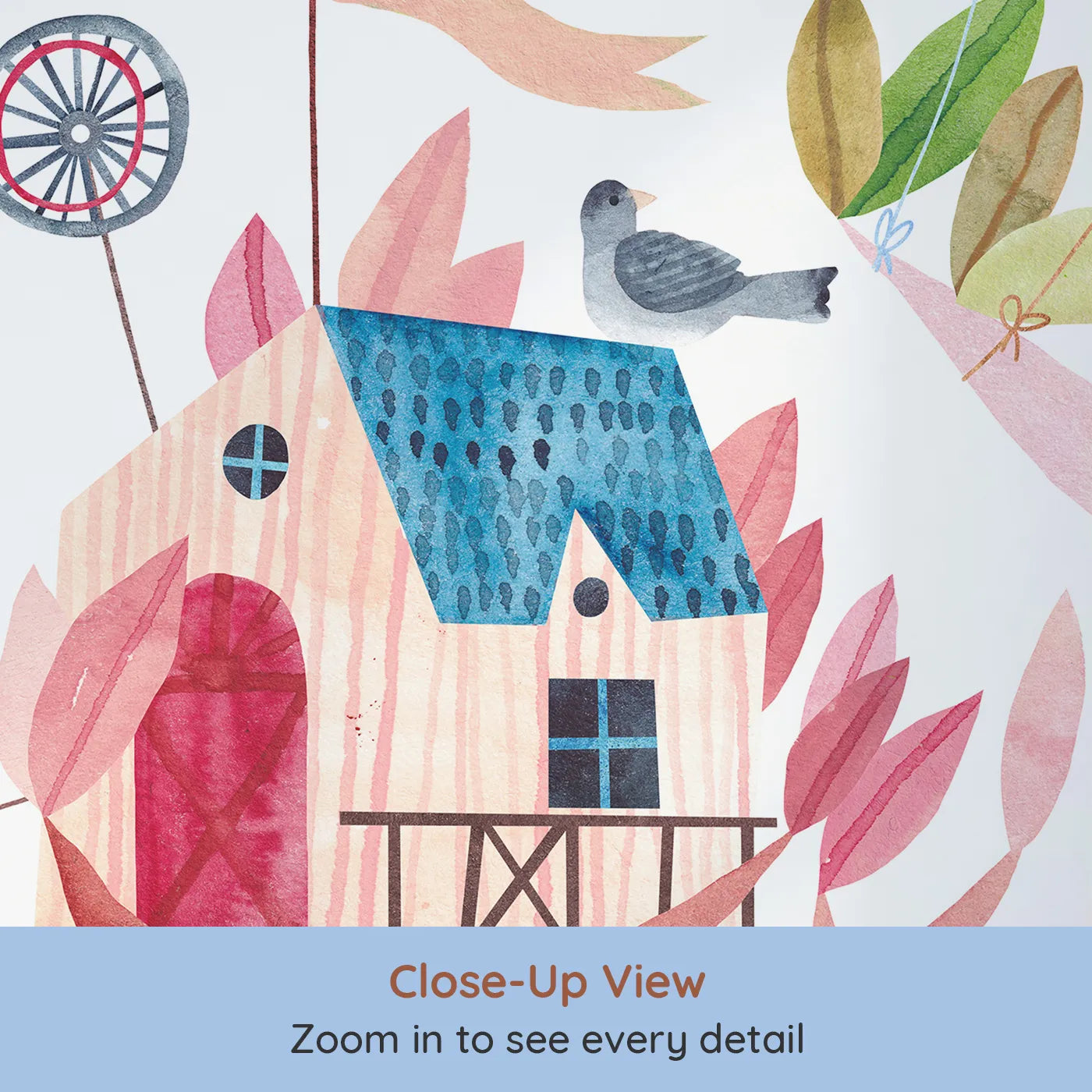 Close-up view of Whimsy Tots' Watercolor Treehouse Village Wall Mural (Turn Their Room into the Ultimate Treetop Neighborhood).Gender-Neutral
