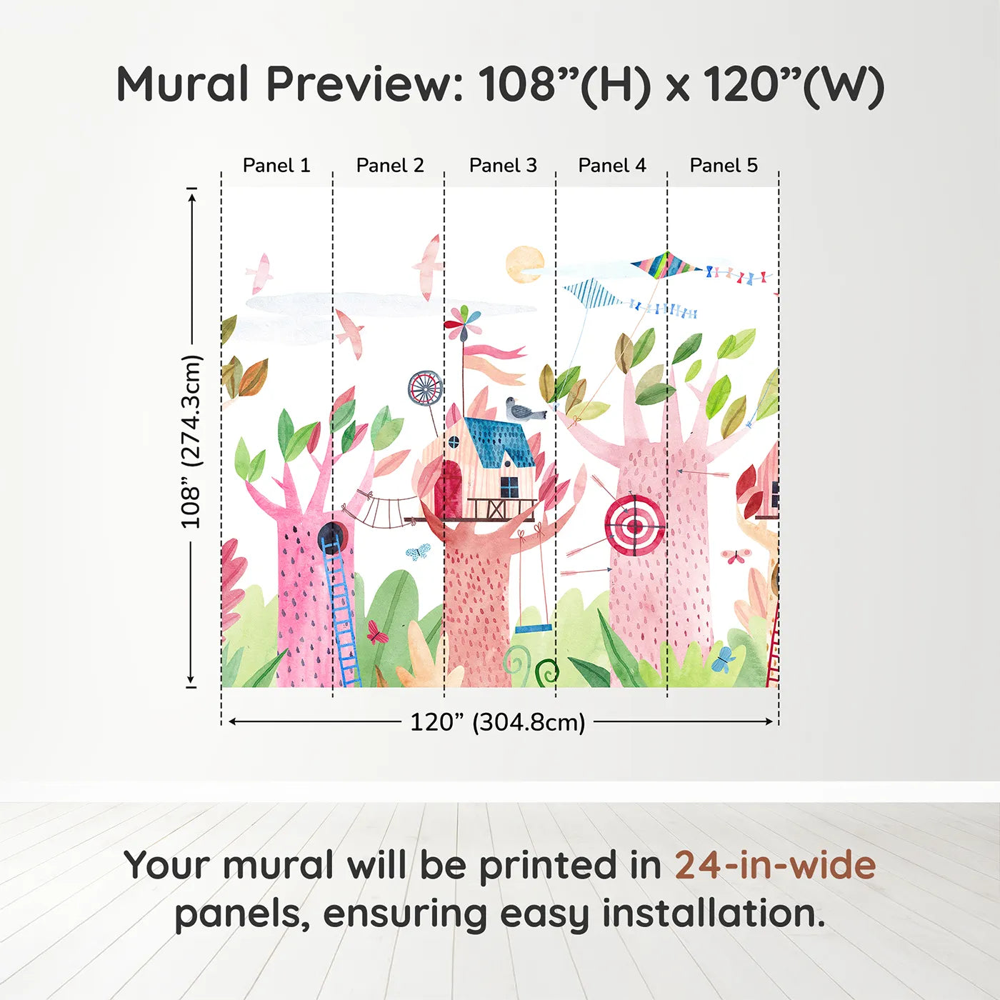 Whimsy Tots Watercolor Treehouse Village Wall Muraldimension view (108" H x 120" W). Printed in five 24-inch-wide panels. Gender-Neutral