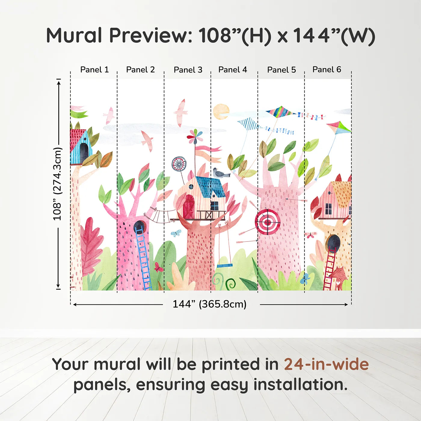 Whimsy Tots Watercolor Treehouse Village Wall Muraldimension view (108" H x 144" W). Printed in six 24-inch-wide panels. Gender-Neutral