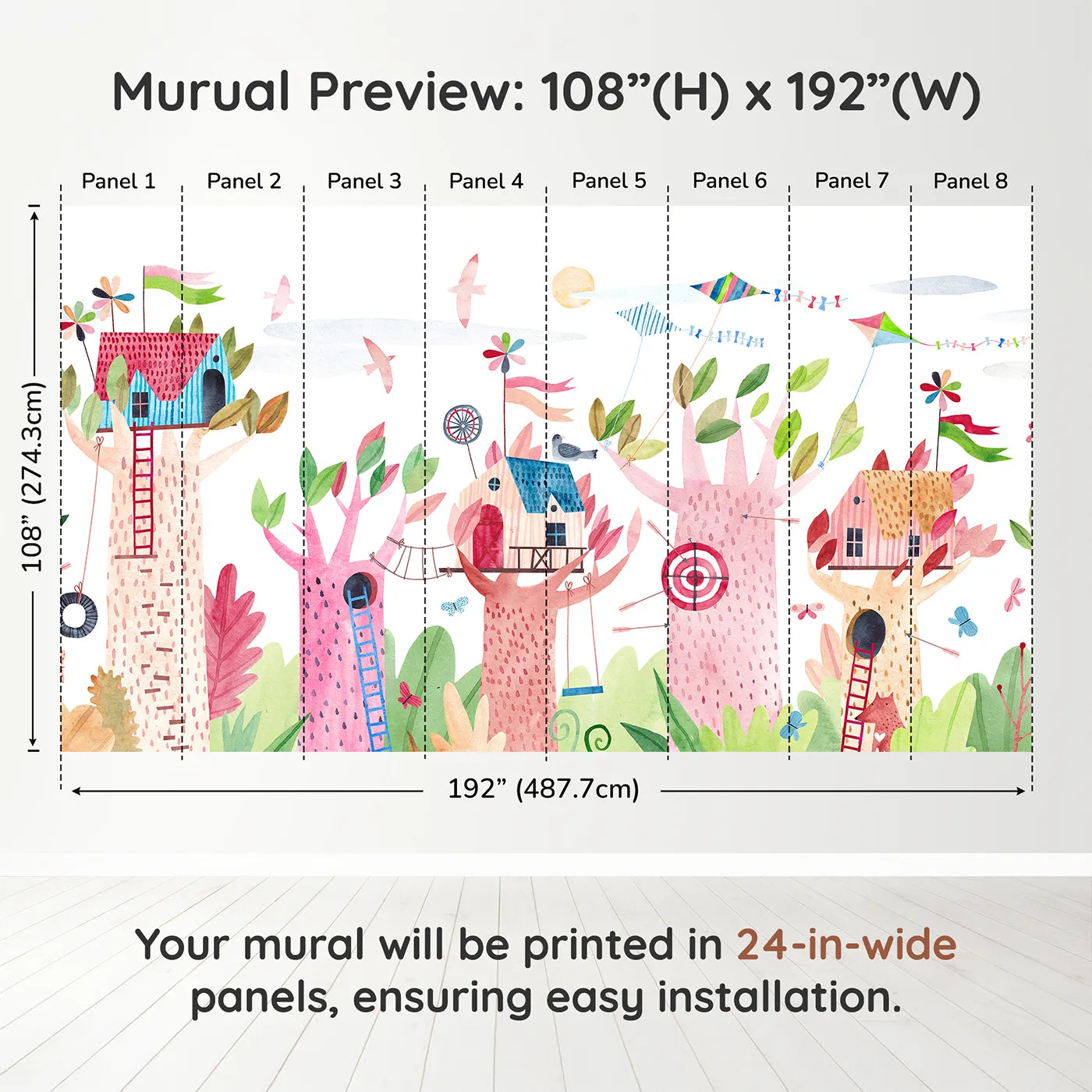 Whimsy Tots Watercolor Treehouse Village Wall Muraldimension view (108" H x 192" W). Printed in eight 24-inch-wide panels. Gender-Neutral