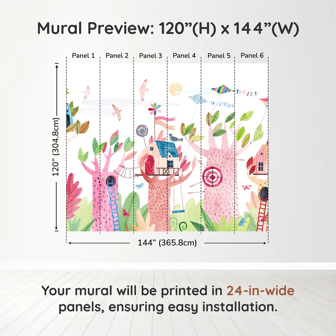 Whimsy Tots Watercolor Treehouse Village Wall Muraldimension view (120" H x 144" W). Printed in six 24-inch-wide panels. Gender-Neutral