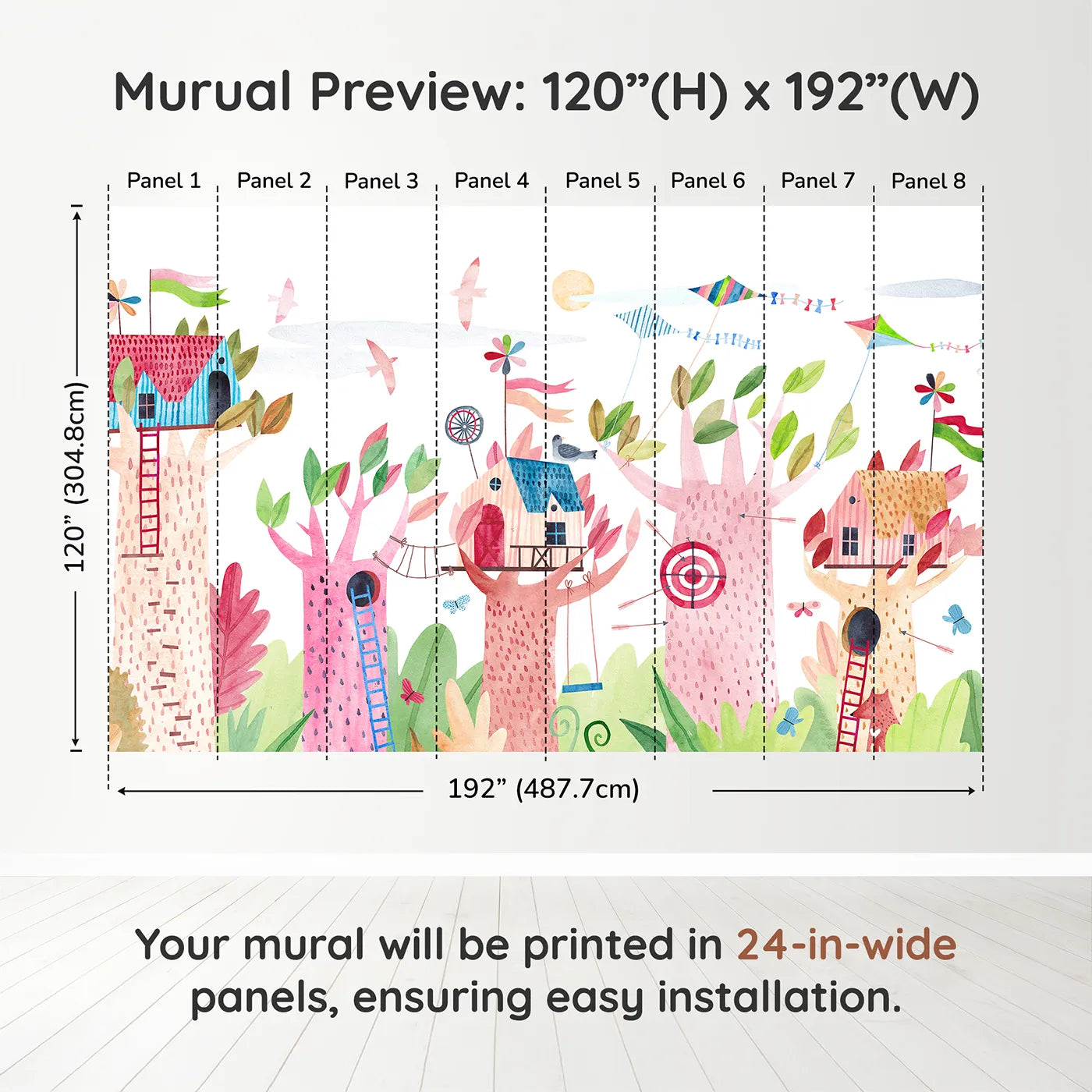 Whimsy Tots Watercolor Treehouse Village Wall Muraldimension view (120" H x 192" W). Printed in eight 24-inch-wide panels. Gender-Neutral