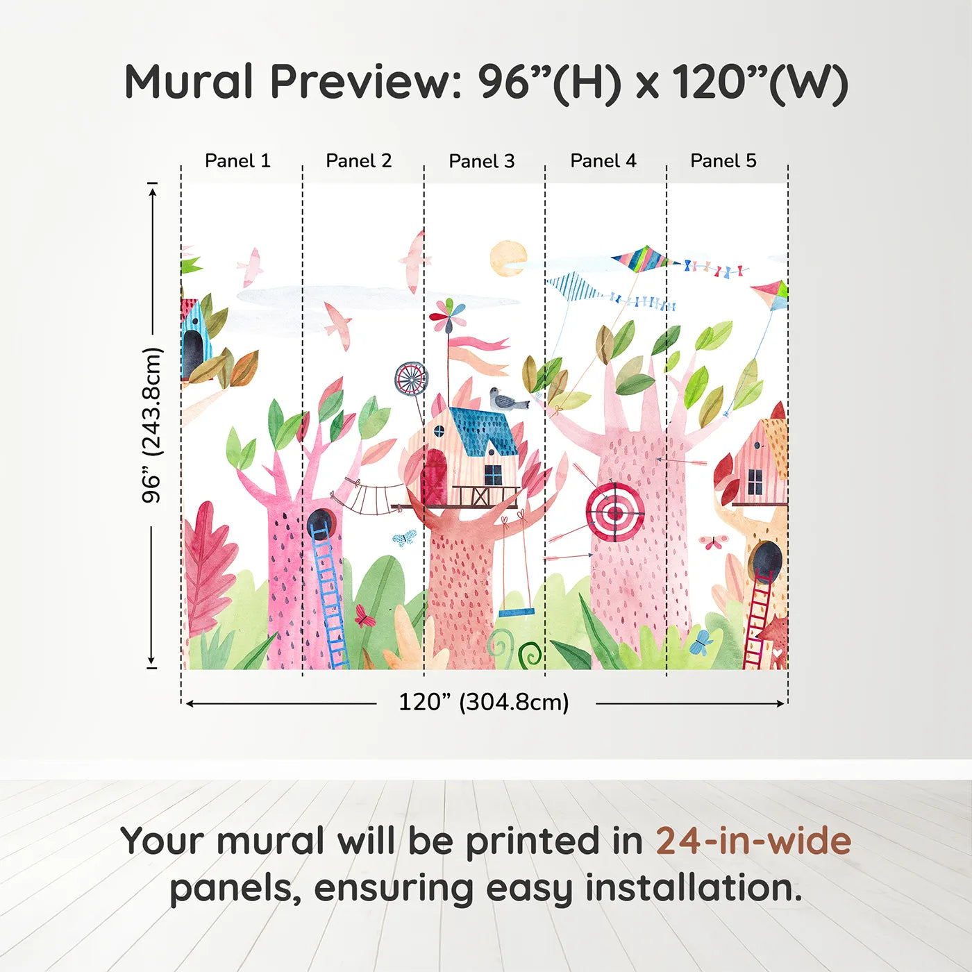 Whimsy Tots Watercolor Treehouse Village Wall Muraldimension view (96" H x 120" W). Printed in five 24-inch-wide panels. Gender-Neutral