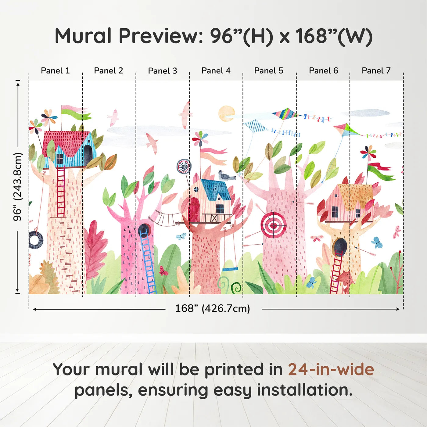 Whimsy Tots Watercolor Treehouse Village Wall Muraldimension view (96" H x 168" W). Printed in seven 24-inch-wide panels. Gender-Neutral